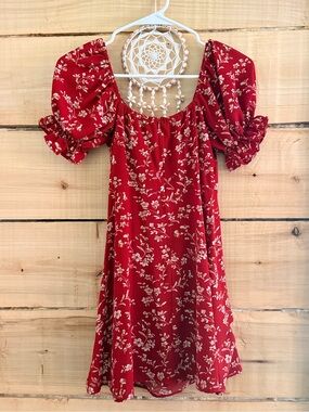 Red Floral Puff-Sleeve Women's Dress